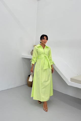 Fermuar Detaylı Kemerli Poplin Elbise – Limon Yeşili