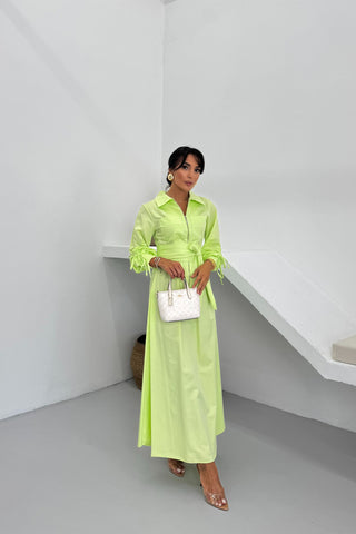 Fermuar Detaylı Kemerli Poplin Elbise – Limon Yeşili