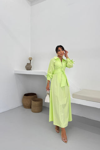 Fermuar Detaylı Kemerli Poplin Elbise – Limon Yeşili