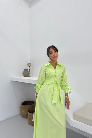 Fermuar Detaylı Kemerli Poplin Elbise – Limon Yeşili