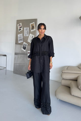 İnci Detaylı Keten Takım - Siyah