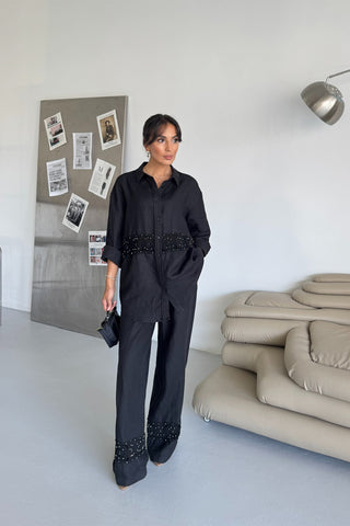 İnci Detaylı Keten Takım - Siyah