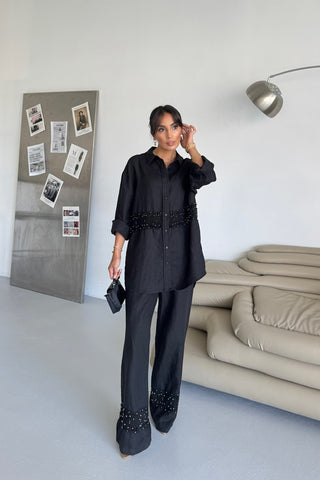 İnci Detaylı Keten Takım - Siyah