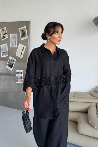 İnci Detaylı Keten Takım - Siyah