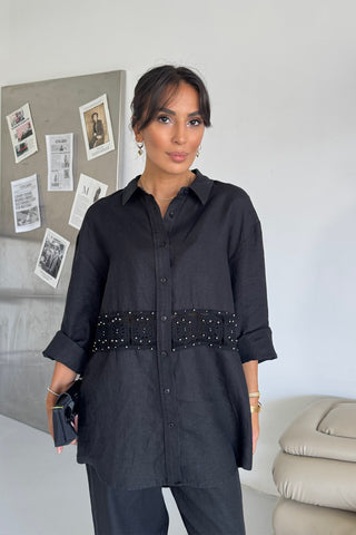 İnci Detaylı Keten Takım - Siyah