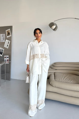 İnci Detaylı Keten Takım - Beyaz