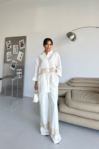 İnci Detaylı Keten Takım - Beyaz