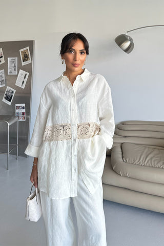 İnci Detaylı Keten Takım - Beyaz