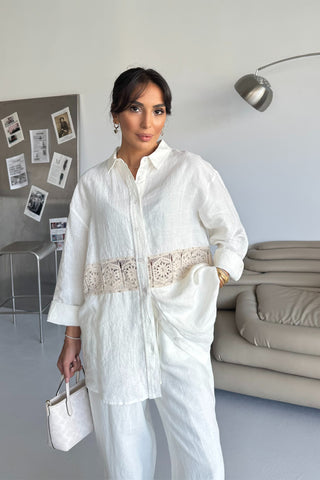 İnci Detaylı Keten Takım - Beyaz