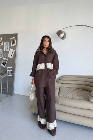 İnci Detaylı Keten Takım - Kahverengi