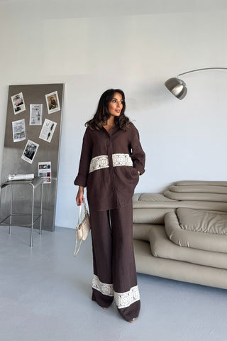 İnci Detaylı Keten Takım - Kahverengi