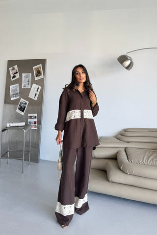 İnci Detaylı Keten Takım - Kahverengi