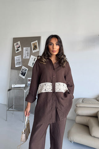 İnci Detaylı Keten Takım - Kahverengi