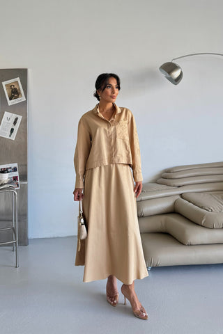 Nakışlı Poplin Etekli Takım - Camel