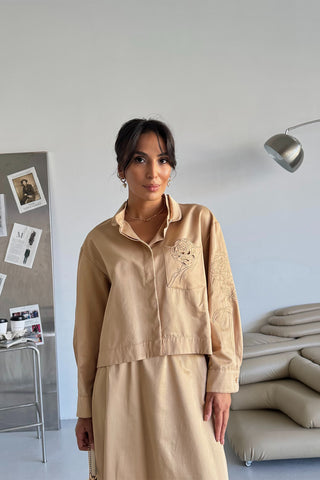 Nakışlı Poplin Etekli Takım - Camel