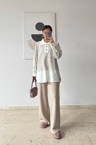 Çizgili Gömlekli Triko Takım - Bej