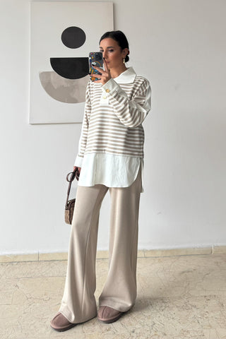 Çizgili Gömlekli Triko Takım - Bej