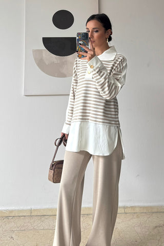 Çizgili Gömlekli Triko Takım - Bej