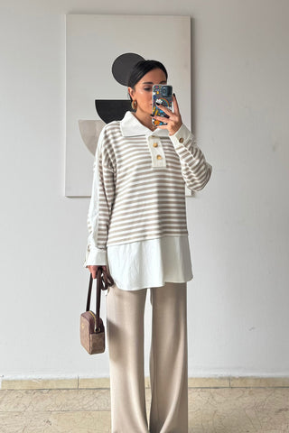 Çizgili Gömlekli Triko Takım - Bej