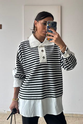 Çizgili Gömlekli Triko Takım - Siyah