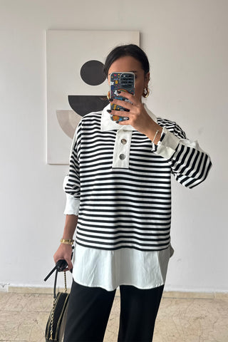 Çizgili Gömlekli Triko Takım - Siyah