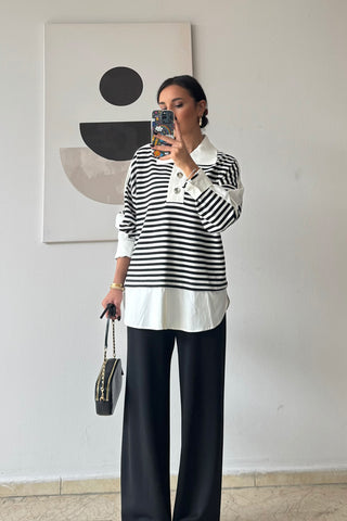 Çizgili Gömlekli Triko Takım - Siyah