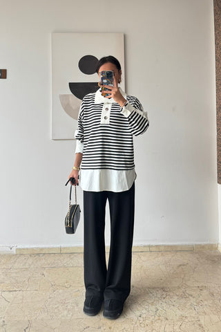 Çizgili Gömlekli Triko Takım - Siyah