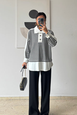 Çizgili Gömlekli Triko Takım - Siyah