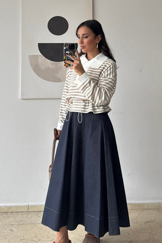 Çizgili Gömlekli Sweat - Bej