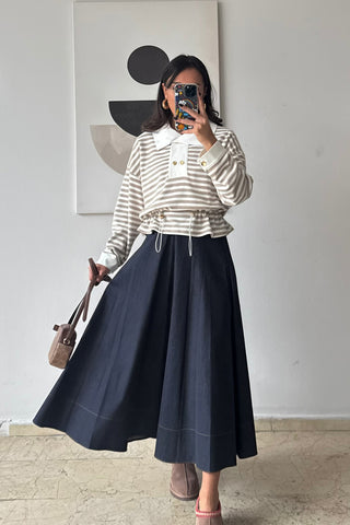 Çizgili Gömlekli Sweat - Bej