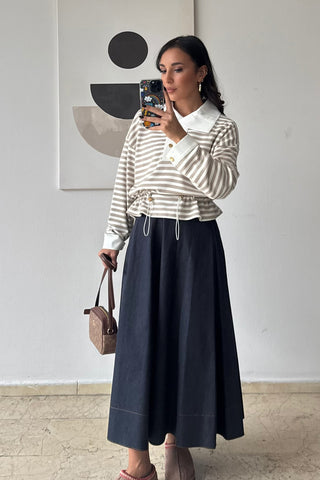 Çizgili Gömlekli Sweat - Bej