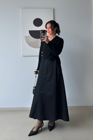 Trikolu Poplin Elbise - Siyah