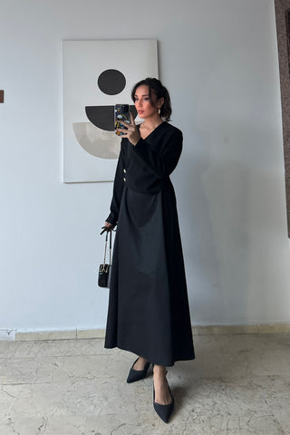 Trikolu Poplin Elbise - Siyah