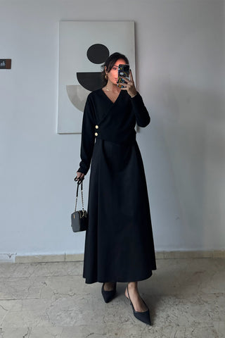 Trikolu Poplin Elbise - Siyah