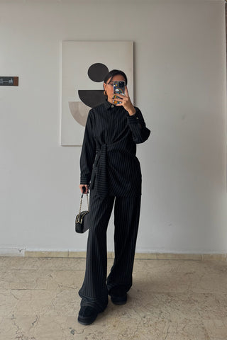 Pantolonlu Çizgili Takım - Siyah