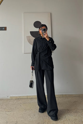 Pantolonlu Çizgili Takım - Siyah