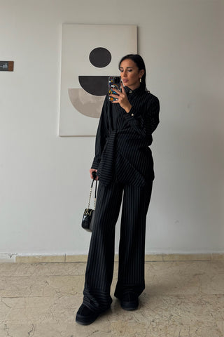 Pantolonlu Çizgili Takım - Siyah