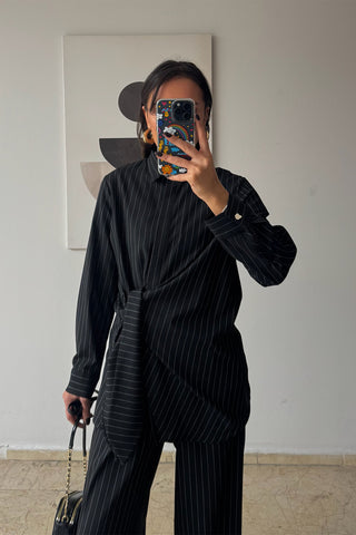 Pantolonlu Çizgili Takım - Siyah
