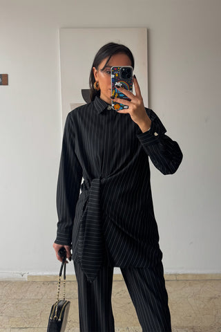 Pantolonlu Çizgili Takım - Siyah