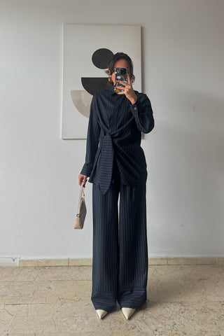 Pantolonlu Çizgili Takım - Lacivert