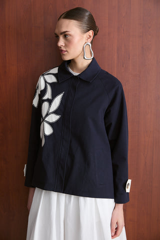 Nakışlı Trençkot - Lacivert