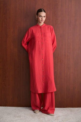 Kol Nervürlü Gömlekli Takım - Mercan