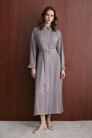 Aynalı Nakışlı Elbise - Vizon