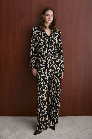 Deri Kemer Detaylı Jakarlı Takım - Siyah