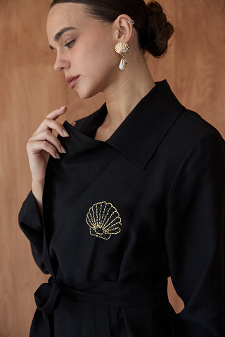 İstiridye Nakışlı Kimono Takım - Siyah