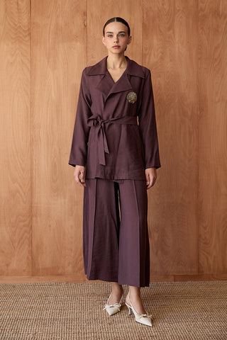 İstiridye Nakışlı Kimono Takım - Kahve