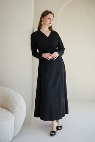 Trikolu Poplin Elbise - Siyah