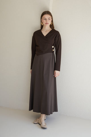 Trikolu Poplin Elbise - Kahverengi