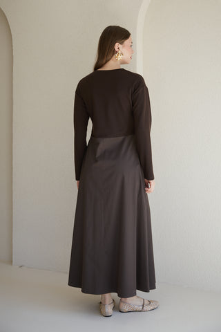 Trikolu Poplin Elbise - Kahverengi