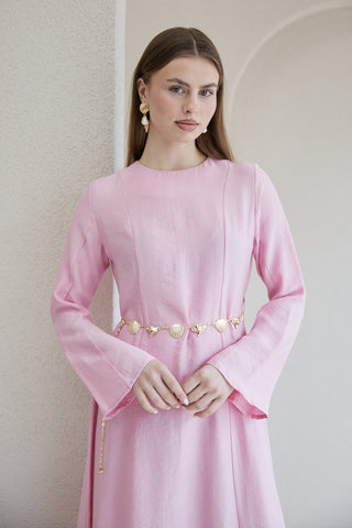 İstiridye Kemerli Elbise - Pembe